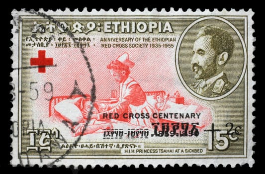 Stamp With Overprint In Black printed in Ethiopia shows Centenary of the Red Cross series, circa 1964.