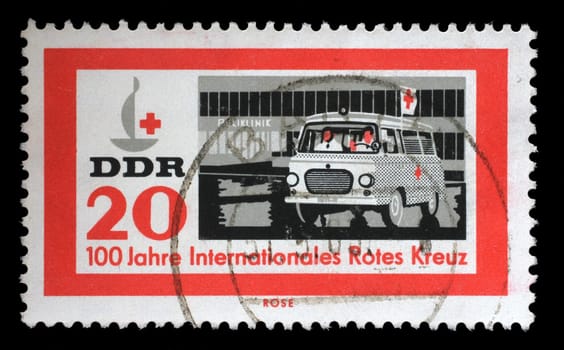 Stamp printed in Germany, Democratic Republic shows Centenary of the Red Cross series, circa 1963.