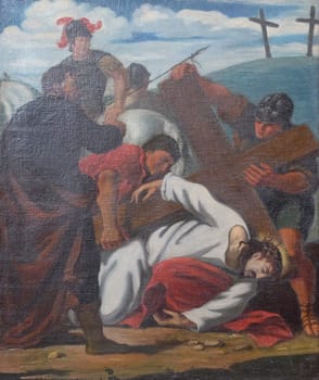 9th Stations of the Cross, Jesus falls the third time, Church of St. Agatha in Schmerlenbach, Germany