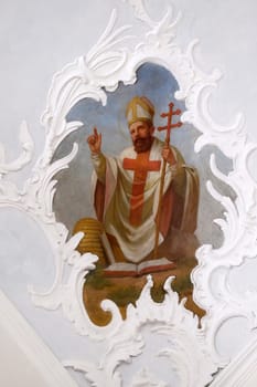 Saint Ambrose one of the four Great Latin Fathers, fresco in the church of St. Agatha in Schmerlenbach, Germany