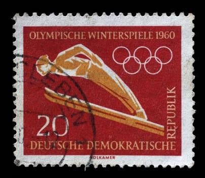 Stamp issued in Germany - Democratic Republic (DDR) shows Ski Jumping, Winter Olympics 1960 in Squaw Valley, circa 1960.