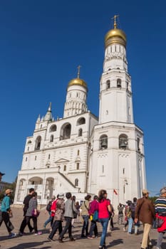 MOSCOW, RUSSIA: AUGUST 31, 2019: People visiting the Assumption Cathedral of the Moscow Kremlin. Russia