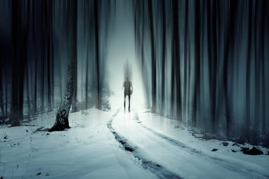 Mysterious man walking through a fairytale forest