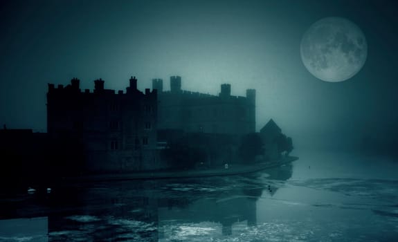 Haunted castle at mysterious, spooky night. Halloween concept.