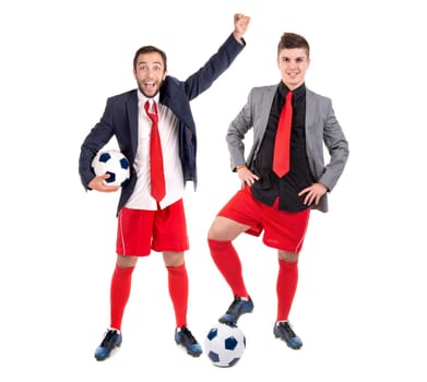 Businessmen with soccer ball posing isolated in white