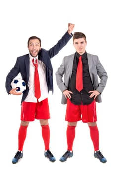 Businessmen with soccer ball posing isolated in white