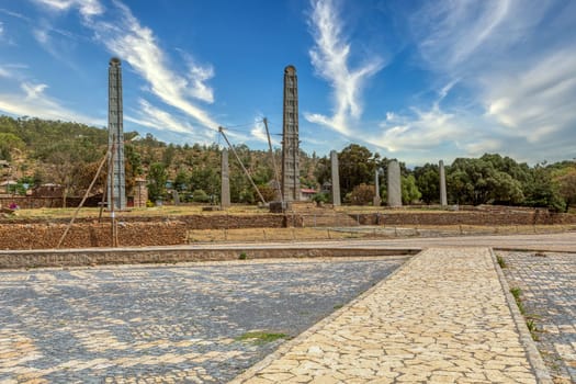 Ancient monolith stone obelisk, symbol of the old Aksumite civilization in city Aksum, Ethiopia. UNESCO World Heritage site. African culture and history place. Cradle of life.