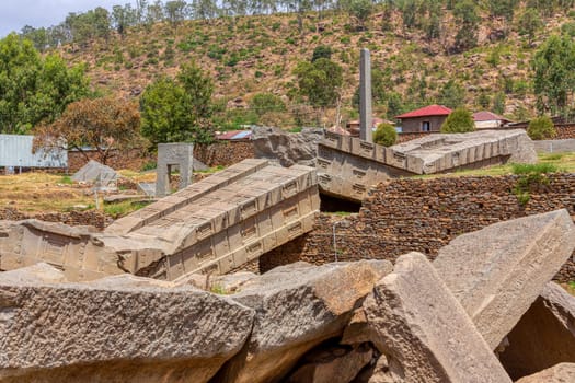 Ancient monolith stone obelisk, symbol of the old Aksumite civilization in city Aksum, Ethiopia. UNESCO World Heritage site. African culture and history place. Cradle of life.