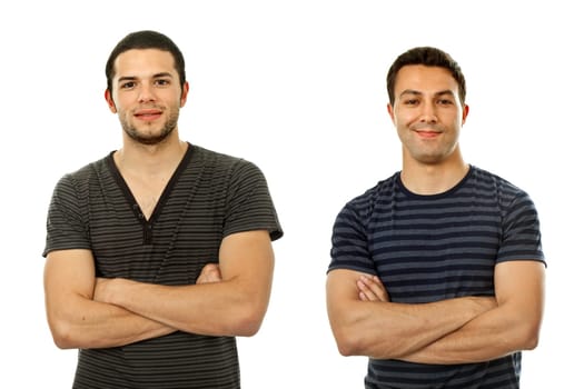 two young casual men portrait, isolated on white