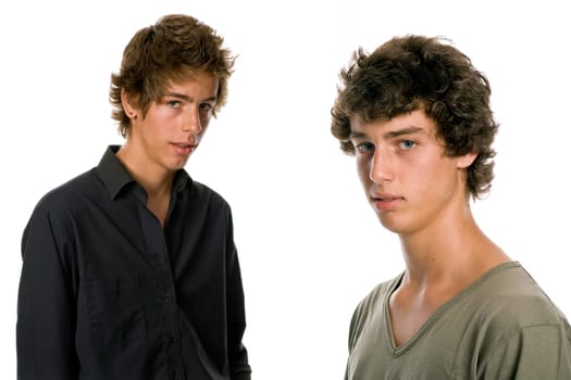 two young men standing, on a white background