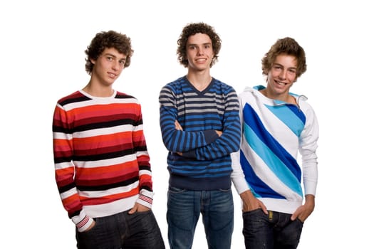 three young men standing, on a white background