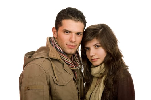 young casual couple in love isolated on white