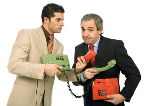 two young business men working with two telephones