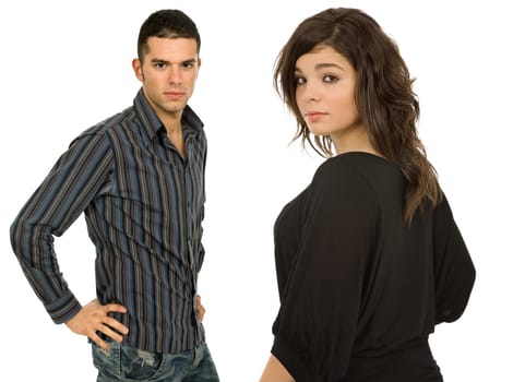 young casual couple portrait in white background