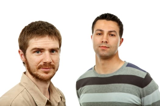 two young casual men portrait, isolated on white
