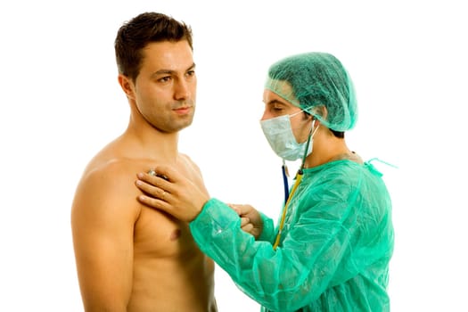 two young men in a medical exam, isolated on white