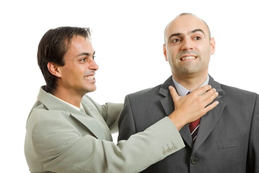 two young businessmen figthing, isolated