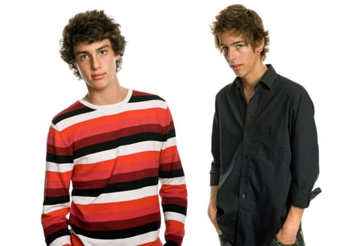 two young men standing, on a white background