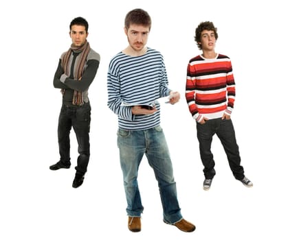 three young man full length, isolated on white