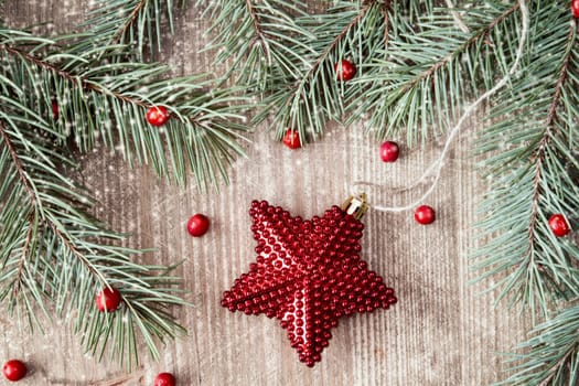 Fir branch with Christmas star and red berries