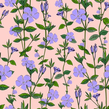 Blue flowers on a pink background. Periwinkle. Seamless summer pattern.