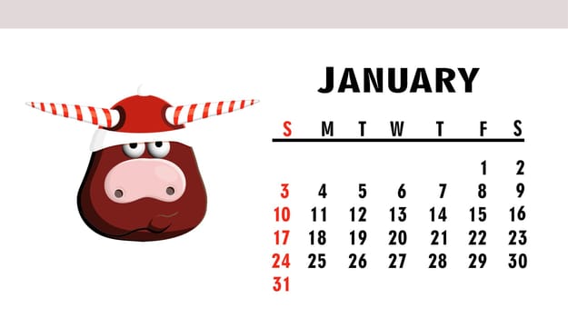 January 2021. Horizontal calendar with bulls or oxen. Ox character.