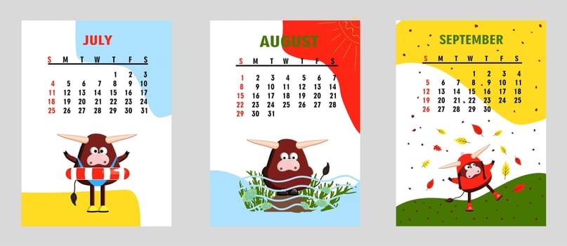 bull, white bull calendar or A4 planner for 2021 with cartoon kawaii, bull or cow, Week starts on Sunday, printable template.