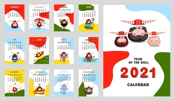 bull, white bull calendar or A4 planner for 2021 with cartoon kawaii, bull or cow, New Year symbol, cute hieroglyphs - cover and 12 monthly pages. Week starts on Sunday, printable template.