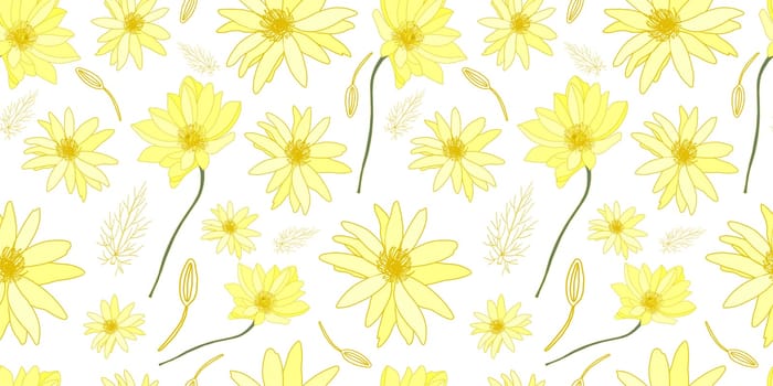 Yellow flowers on a white background pattern. Field summer flowers. Beautiful delicate pattern on the fabric.