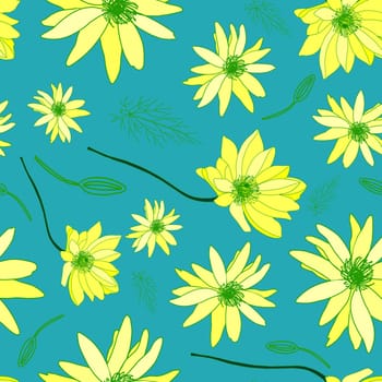 Adonis pattern. Bright summer flower pattern. Turquoise. illustration. Botanical illustration.