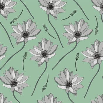 Modern floral pattern. Wildflowers pattern. Light green background, white flowers. Adonis, Echinacea, Chamomile illustration