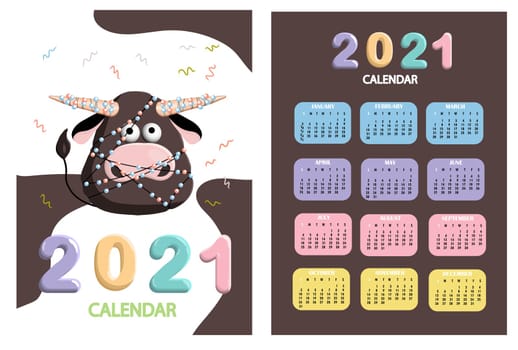 bull, white bull calendar or A4 planner for 2021 with cartoon kawaii, bull or cow, New Year symbol ox