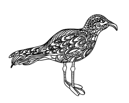The bird is black and white. Seagull coloring page. Linear drawing animal. Antistress coloring page. illustration isolated on a white background.