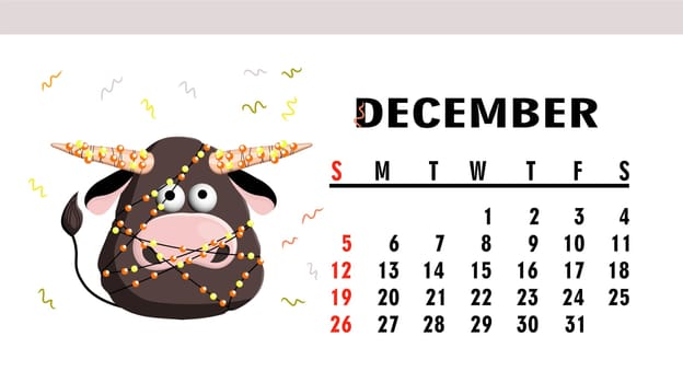 Calendar page 2021. Calendar horizontal with bulls or oxen. Ox character. December