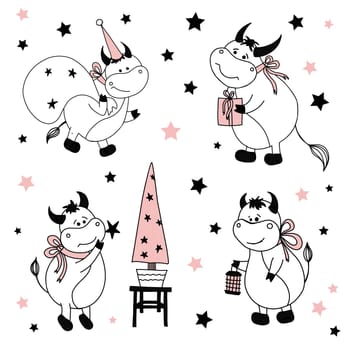 Bull symbol of 2021. Character bison or cow. Funny cute ox on a white background. Christmas illustrations.