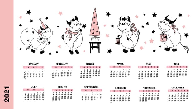 April May June. calendar pages for 2021. year of the ox or calf. bull character. illustration.