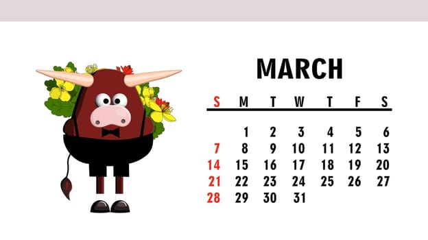 cute calendar 2021. Year of the bull. Funny bull character isolated on a white background. Symbol of 2021.