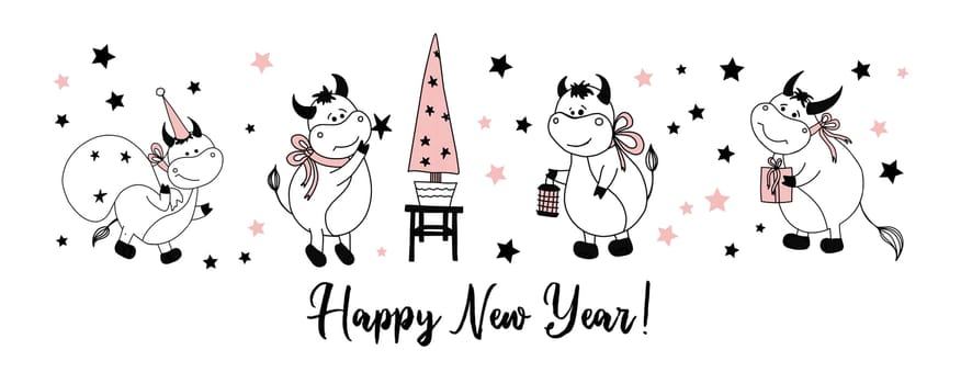 Happy New Year. Postcard horizontal with bulls or oxen. Ox character. Simple cow drawing