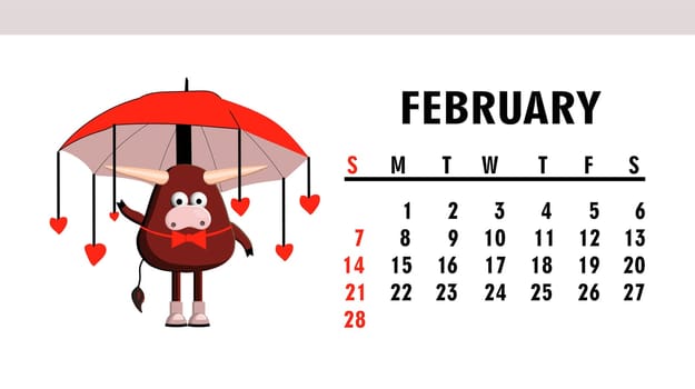 cute calendar 2021. Year of the bull. Funny bull character isolated on a white background. Symbol of 2021.