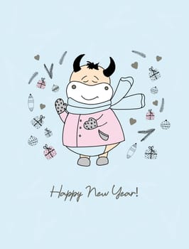 Year of the bull. Funny bulls characters. Cute ox in clothes. Symbol of 2021. Christmas card