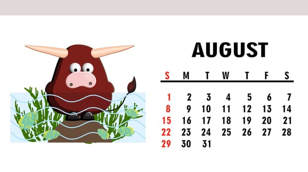 Cute children's calendar 2021. Year of the bull. Funny bull character isolated on a white background. Symbol of 2021.