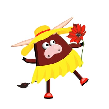 funny ox or bull character is cute. An animal with horns. Symbol of 2021. Cartoon cow in clothes.
