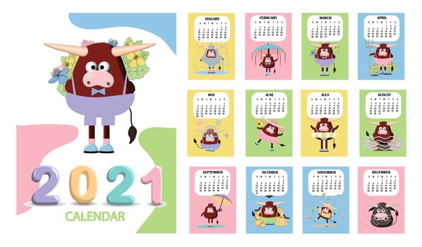 bull, white bull calendar or A4 planner for 2021 with cartoon kawaii, bull or cow, New Year symbol ox - cover and 12 monthly pages. Week starts on Sunday, printable template.