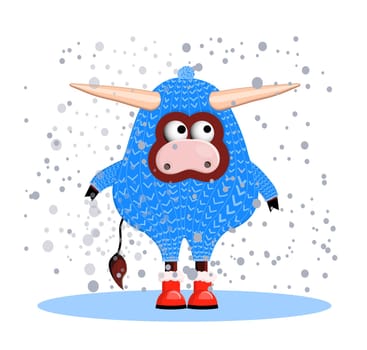 2021 year. Year of the bull. Animal buffalo, cow. Funny winter bull isolated on a white background. Symbol of 2021. illustration.