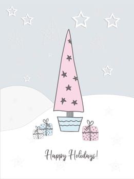 New Year's card of 2021. Christmas tree. Winter hand drawn card. happy Holidays