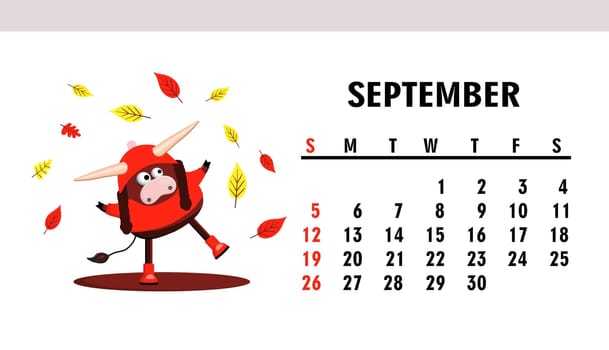 September 2021. Horizontal calendar with bulls or oxen. Ox character.