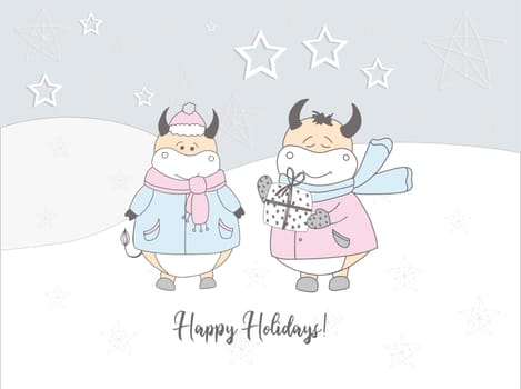 banner 2021 symbol of the year of the ox. Christmas poster horizontal. Caption: happy holidays. Bulls in the snow. Greeting card. Pastel delicate colors.