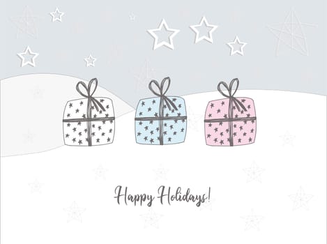 Christmas poster horizontal. Caption: happy holidays. Gift in the snow. Greeting card. Pastel delicate colors.