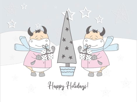 Bulls in the snow. Greeting card. Pastel delicate colors.