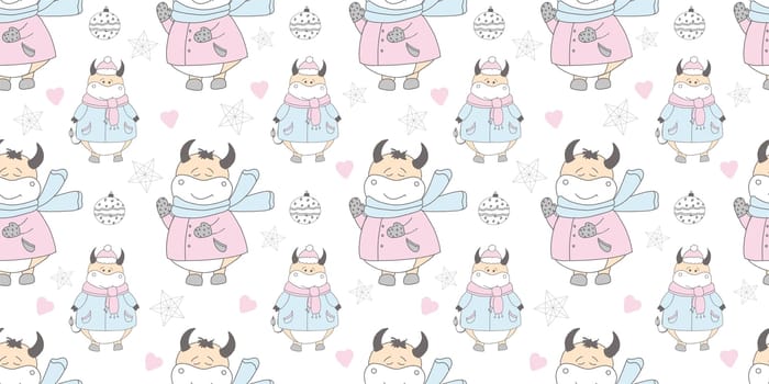 2021 symbol of the year ox. Christmas pattern. Bulls in the snow. Design for wrapping paper, fabric and clothing. Pastel delicate colors.